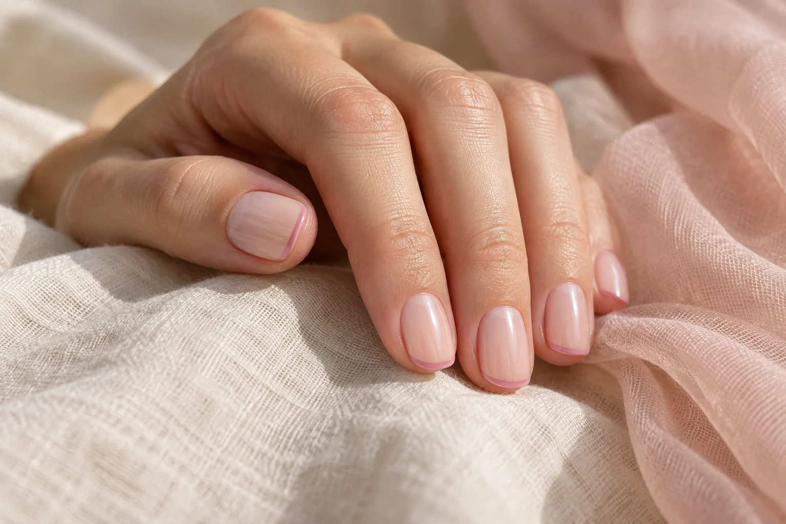 Concept placeholder of short natural nails with rose micro-French tips