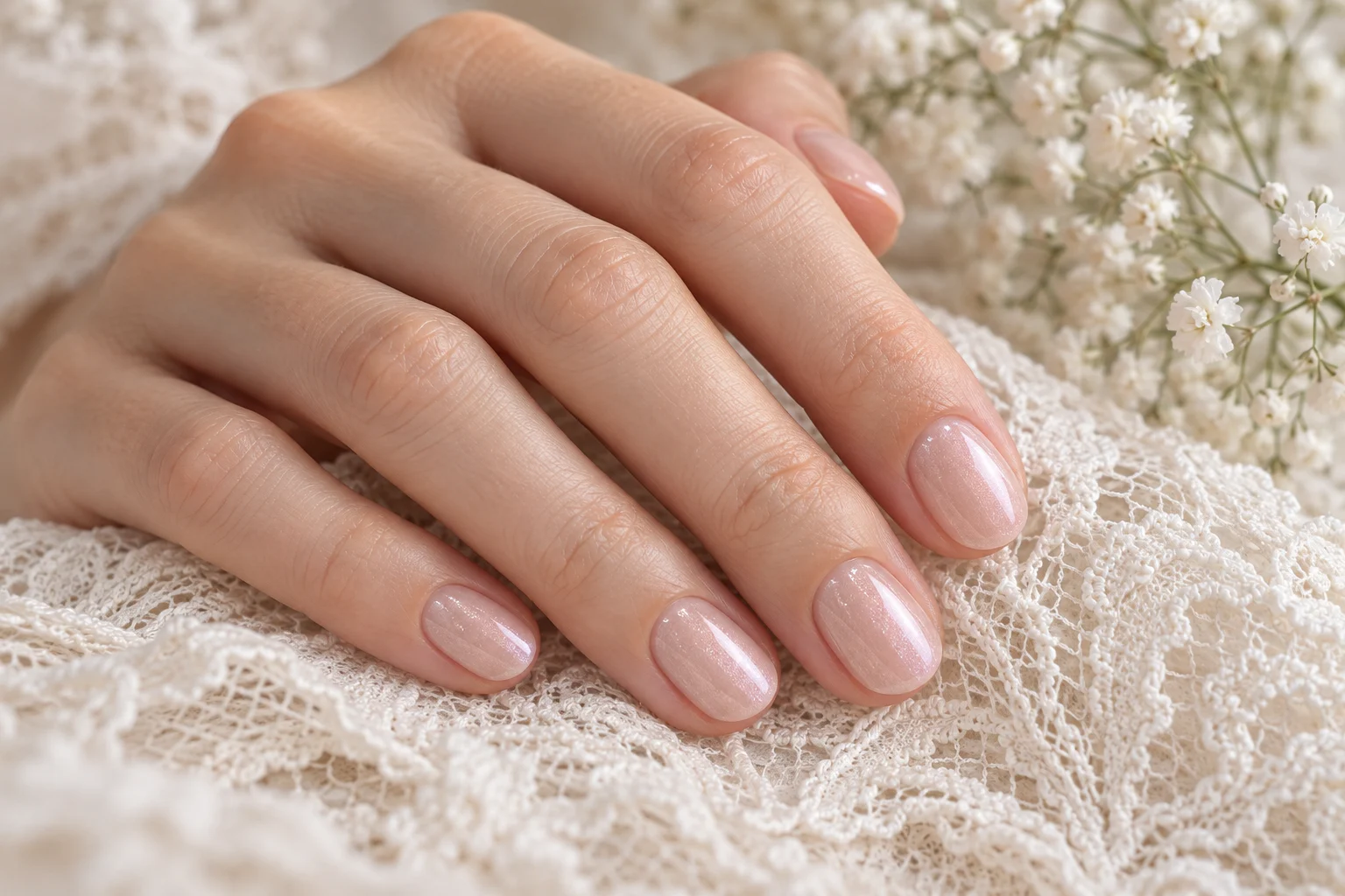 Concept placeholder of short natural nails with pearly blush gel