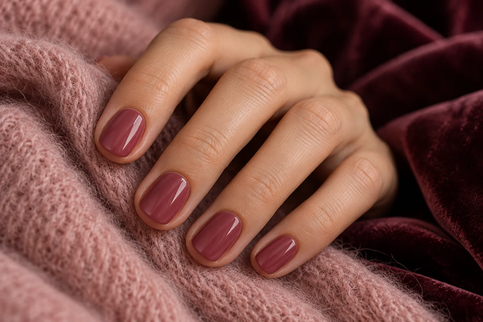 Concept placeholder of short natural nails with muted raspberry polish