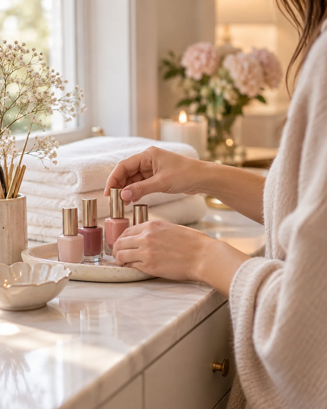 Concept image of a natural-nail artist arranging rose polish in a private studio