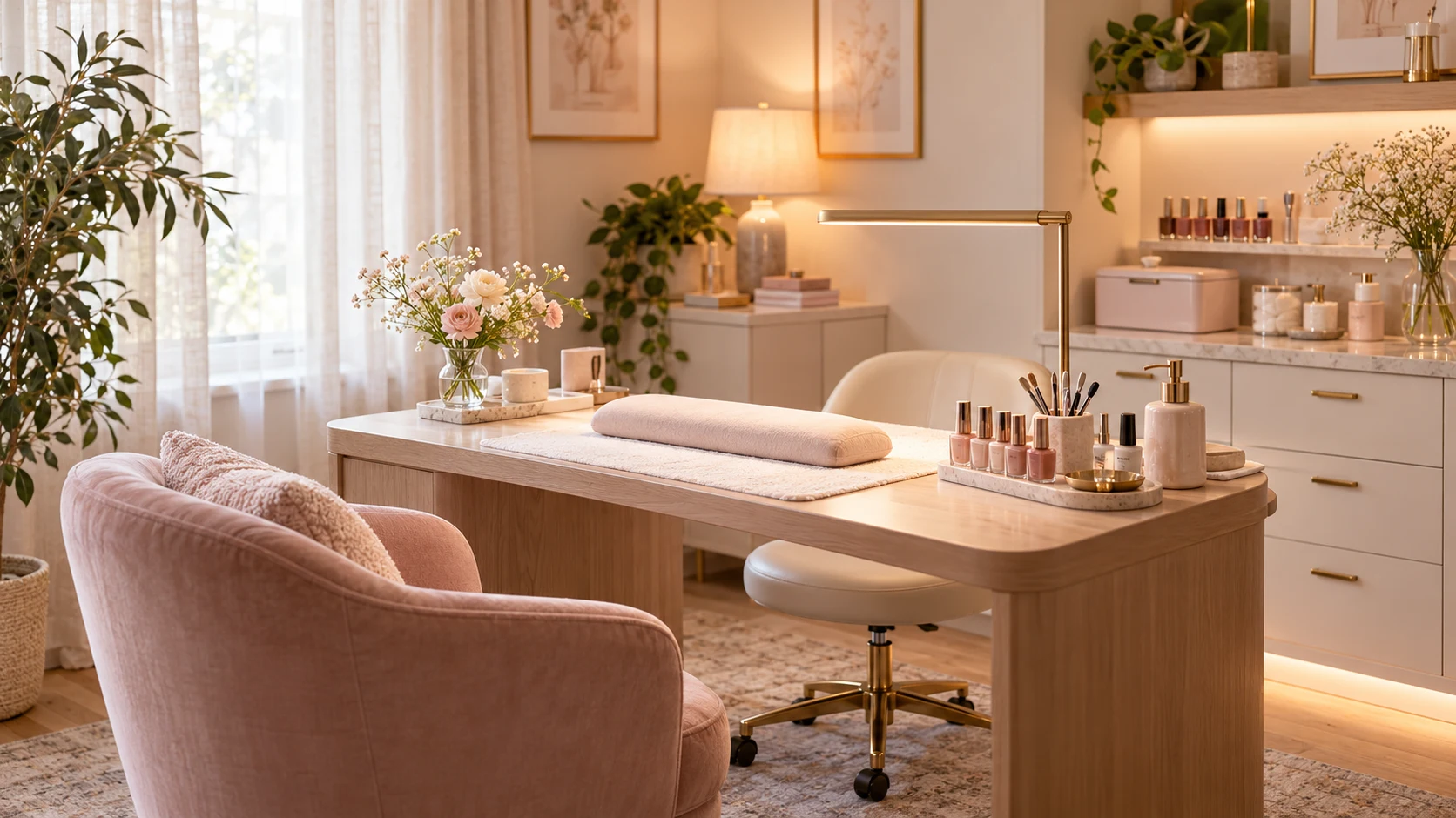 Concept placeholder of a warm, private home nail studio prepared for one client